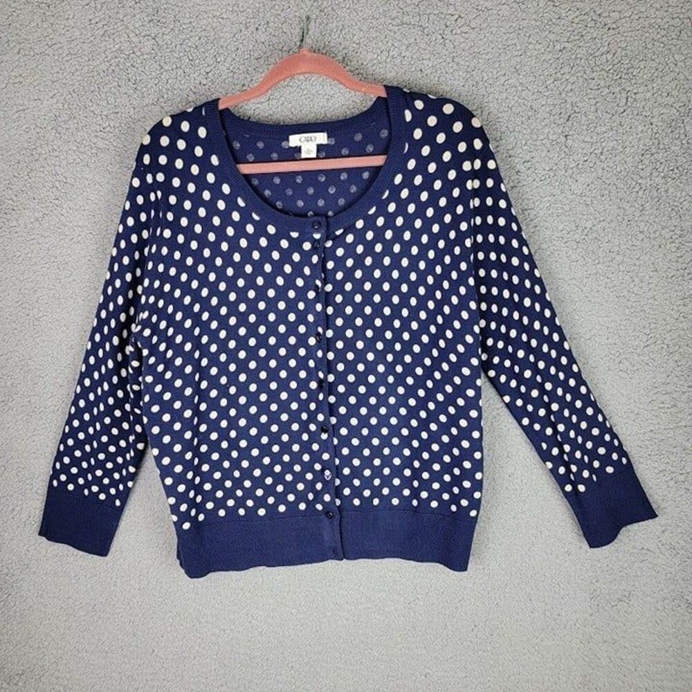 Cato Button Up Sweater Size XL Navy Blue White Polka Dot 70s 80s